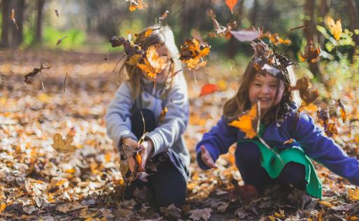 Twee kinderen spelen met herfstbladeren 